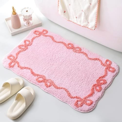 TRUEDAYS Pink Bow Bathroom Rugs, Cute Bow Bath Mat, 32 * 20 Inch