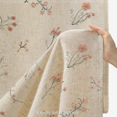 Floral Farmhouse Vintage Linen Shower Curtain Embroidered Textured 72Wx72H