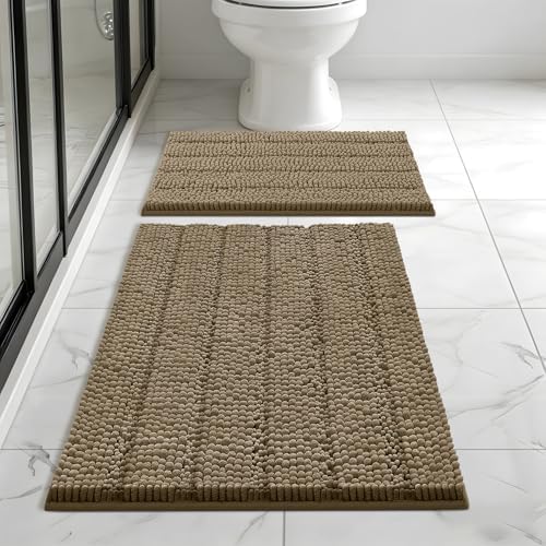 Bcoimo Bath Rugs Mat Set,2 Piece Non Slip Chenille Latte Bathroom Mat Sets