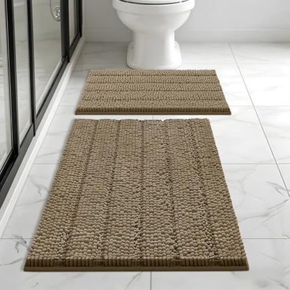 Bcoimo Bath Rugs Mat Set,2 Piece Non Slip Chenille Latte Bathroom Mat Sets