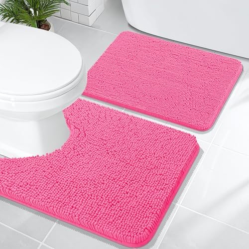 OLANLY Chenille Bathroom Rugs Mats Sets 2 Piece, 24"x16"+24"x20", Hot Pink