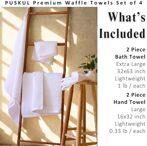 PÜSKÜL Natural 100% Turkish Cotton Waffle Towels Set of 4-Piece, White