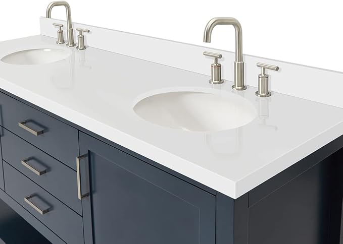 ARIEL Bayhill 72-inch Bathroom Vanity with Sink,Solid Wood, 1.5-inch Pure White Quartz Countertop & Backsplash, Double Oval Porcelain Sink, 2 Soft Closing Doors, 3 Dovetail Drawers, Midnight Blue