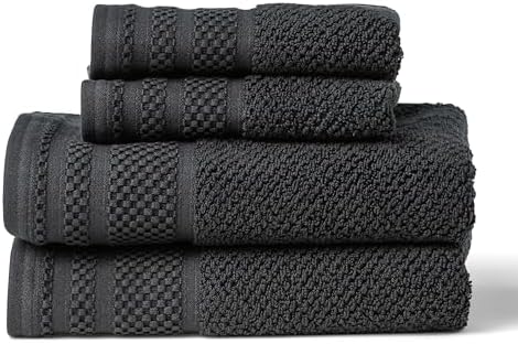 Texere 100% Organic Cotton Rice Weave Jacquard 700 GSM Luxury Bath Towel Sets - Ultra Soft and Absorbent Hotel and Spa Quality (Rice Weave, Black, 2 Hand & 2 Wash Towels)