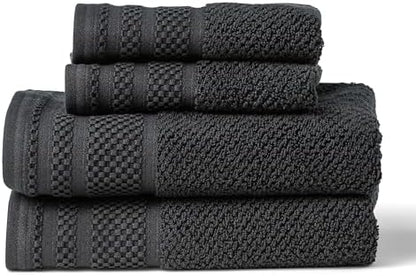 Texere 100% Organic Cotton Rice Weave Jacquard 700 GSM Luxury Bath Towel Sets - Ultra Soft and Absorbent Hotel and Spa Quality (Rice Weave, Black, 2 Hand & 2 Wash Towels)
