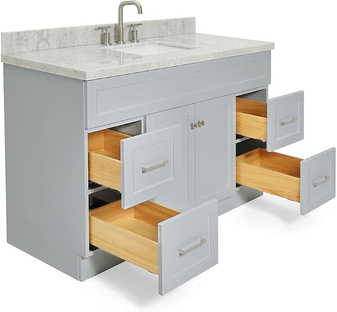 Bradford 54" Grey Single Bathroom Vanity with Sink, 1.5" Italian Carrara Marble Countertop, Rectangular Undermount Sink, 2 Soft Closing Doors, 4 Dovetail Drawers, Brushed Nickel