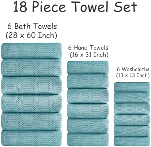 18 Pcs Turquoise Woven Family Towels Set-6 Bath Sheets,6 Hand Towels,6 Washcloths Soft Polyester Towels Absorbent Shower Towel Quick Dry Beach Chair Towel Lint Less Towels Set for Bathroom Spa Gym