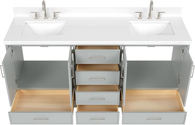Langford 72-inch Grey Bathroom Vanity with Left & Right Rectangle Double Sinks, Pure White Quartz Countertop & Backsplash, Solid Wood Frame, Soft-Closing & Dovetail Drawers