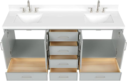 Langford 72-inch Grey Bathroom Vanity with Left & Right Rectangle Double Sinks, Pure White Quartz Countertop & Backsplash, Solid Wood Frame, Soft-Closing & Dovetail Drawers