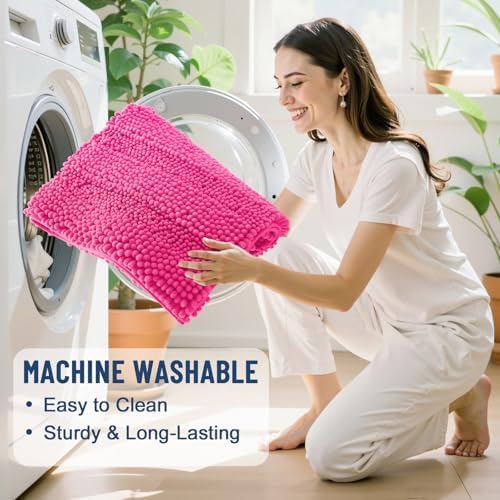 Grandaily Chenille Striped Bathroom Rugs 30x20, Extra Thick and Absorbent Bath Mats, Non-Slip Soft Plush Shaggy Shower Carpet, Machine Wash Dry, Bath Rug for Bathroom, (Medium, Deep Pink)