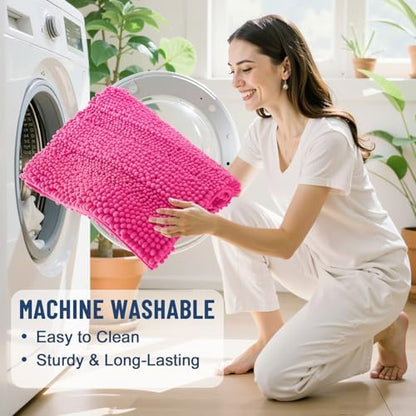 Grandaily Chenille Striped Bathroom Rugs 30x20, Extra Thick and Absorbent Bath Mats, Non-Slip Soft Plush Shaggy Shower Carpet, Machine Wash Dry, Bath Rug for Bathroom, (Medium, Deep Pink)