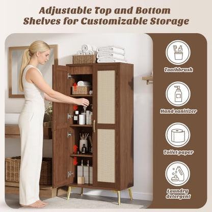 JASIWAY Tall Bathroom Storage Cabinet 57" Rattan Pantry Cabinet, Walnut