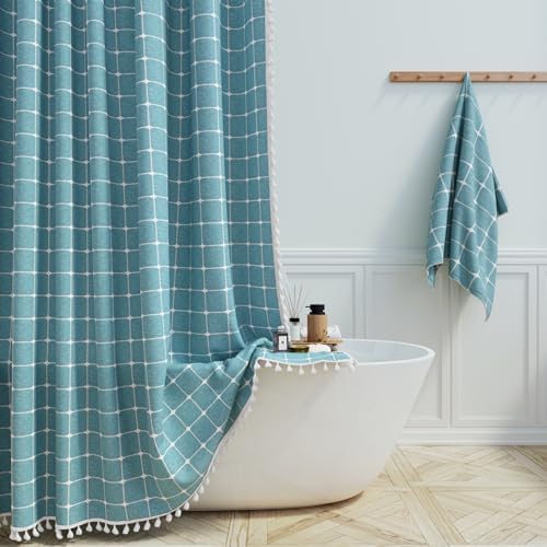 BTTN 72x78 Boho Farmhouse Linen Fabric Shower Curtain Set, Turquoise/Teal