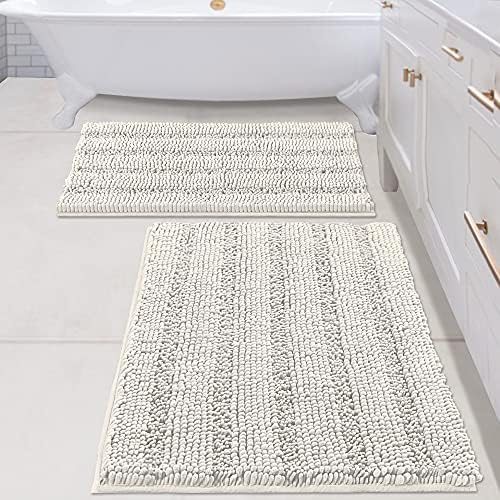 H.VERSAILTEX 2 Piece Bathroom Set - Super Absorbent Chenille Striped Bath Mats, Non Skid, Machine Washable (Cream, 24 x 36 Plus 20 x 32 - Inches)