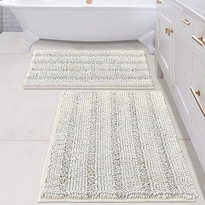 H.VERSAILTEX 2 Piece Bathroom Set - Super Absorbent Chenille Striped Bath Mats, Non Skid, Machine Washable (Cream, 24 x 36 Plus 20 x 32 - Inches)