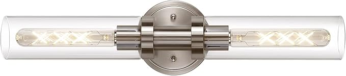 Brushed Nickel 2-Light Bathroom Vanity Light Fixture, Modern Bathroom Sconces Wall Lighting W/Clear Glass Shade, Horizontal and Vertical Wall Mount Lamp for Mirror Hallway Kitchen
