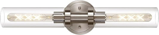 Brushed Nickel 2-Light Bathroom Vanity Light Fixture, Modern Bathroom Sconces Wall Lighting W/Clear Glass Shade, Horizontal and Vertical Wall Mount Lamp for Mirror Hallway Kitchen