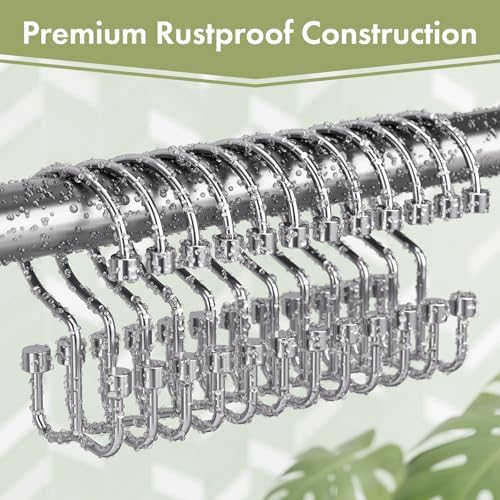 Amazer Chrome Shower Curtain Hooks, 12PCS Minimalist Simple Double Shower Curtain Rings, Rust-Resistant Metal Shower Hooks, Cylinders Shower Rings for Bathroom Shower Rods Curtains