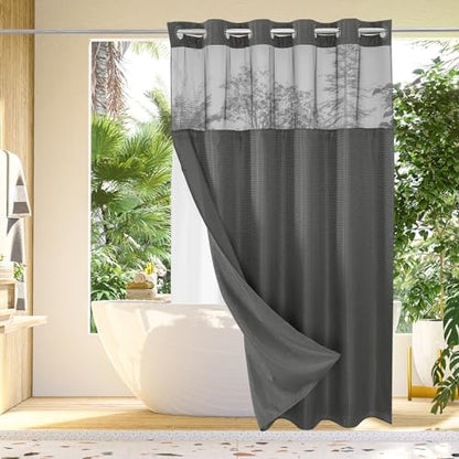 Gibelle No Hook Cloth Charcoal Grey Shower Curtain with Liner, 72x74