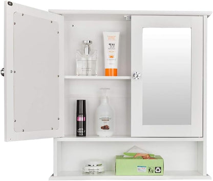 Karl home White Wall Mounted Medicine Cabinet, 2 Mirror Door Bath Storage | 22" L x 5.1" W x 22.8" H Wooden Cabinet with Adjustable Shelves and Bottom Shelf for Bathroom, Living Room, Entryway