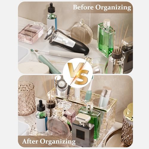 Glass Bathroom Accessories Set 5Pcs Crystal Brown - Foaming Soap Dispenser, Soap Dish, Cup, Acrylic Toothbrush Holder with Tray Organizer, Cotton Swab Jar, Bathroom Counter Set Sink Decor