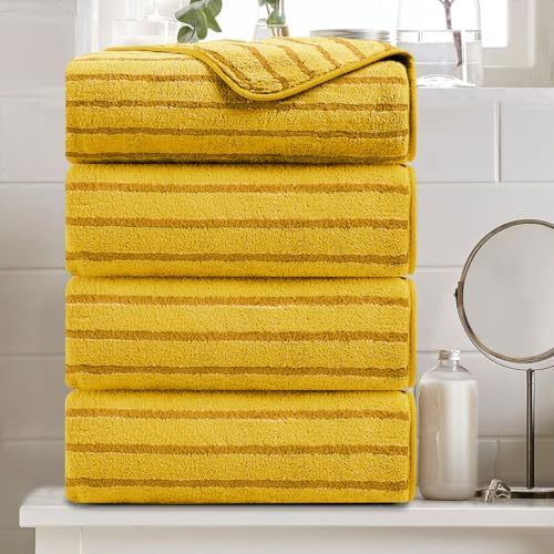 4 Pcs Yellow Cabana Stripe Large Bath Sheets Soft Polyester Bathroom Towels