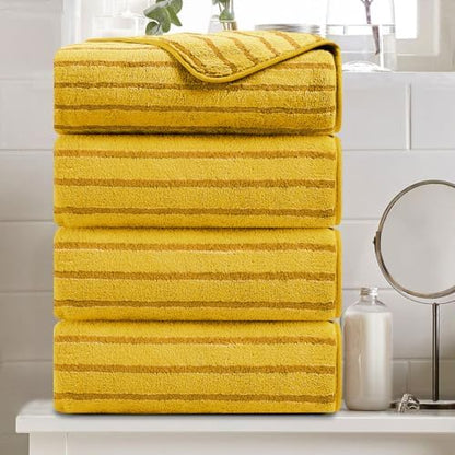 4 Pcs Yellow Cabana Stripe Large Bath Sheets Soft Polyester Bathroom Towels