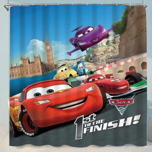 Cute Cartoon Shower Curtain Set 4 Piece with Non-Slip Rugs, Toilet Lid Cover and Bath Mat Cartoon Bathroom Decor 72 x 72inch (Cars)
