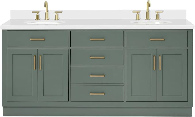 ARIEL Hepburn 72-inch Bathroom Vanity with Sink,Solid Wood, 1.5-inch Pure White Quartz Countertop & Backsplash, Double Oval Porcelain Sink, 4 Soft Closing Doors, 6 Dovetail Drawers, Vintage Green
