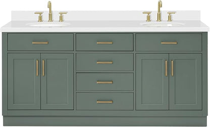 ARIEL Hepburn 72-inch Bathroom Vanity with Sink,Solid Wood, 1.5-inch Pure White Quartz Countertop & Backsplash, Double Oval Porcelain Sink, 4 Soft Closing Doors, 6 Dovetail Drawers, Vintage Green