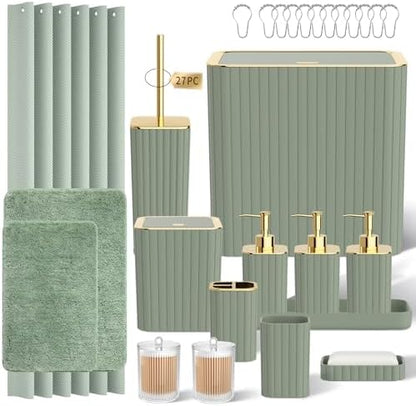 Bathroom Set - Bathroom Sets with Shower Curtain and Rugs, Sage Green Bathroom Set, 27PC Bathroom Accessories Set, Mini Trash Can, Toilet Brush, Trash Can & Soap Dispenser