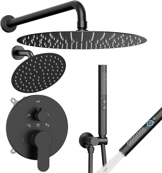 Shower Systems STARBATH 12+6" Round Dual Rainfall Shower Head with Handheld Spray for Two People, Wall Mounted 3 Way Rain Shower Faucet Sets Complete, Included Valve and Trim Kit, Matte Black