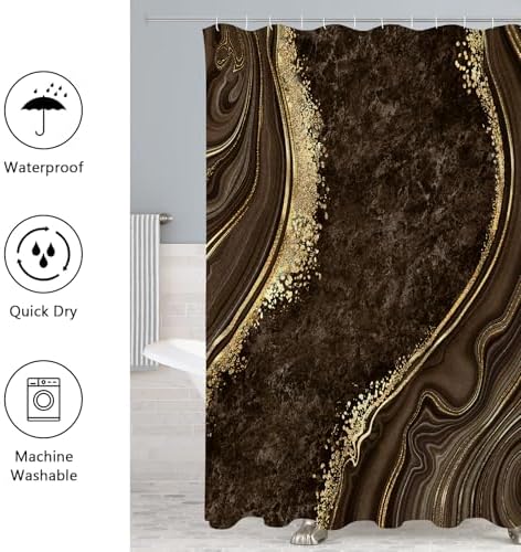 Gibelle 4 Pcs Luxury Marble Shower Curtain Set with Non-Slip Rugs, Toilet Lid Cover and Bath Mat, Gold Foil Brown Bathroom Decor Set with Shower Curtain and Rugs and Accessories