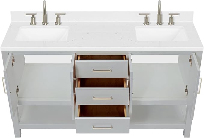 ARIEL Magnolia 60-inch Bathroom Vanity with Sink,Solid Wood, 1.5-inch Carrara White Quartz Countertop & Backsplash, Double Rectangular Porcelain Sink, 4 Soft Closing Doors, 3 Dovetail Drawers, Grey
