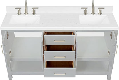 ARIEL Magnolia 60-inch Bathroom Vanity with Sink,Solid Wood, 1.5-inch Carrara White Quartz Countertop & Backsplash, Double Rectangular Porcelain Sink, 4 Soft Closing Doors, 3 Dovetail Drawers, Grey
