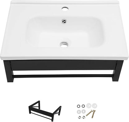Sarlai Wall Hung Bathroom Vessel Sink with Towel Rack, 24x16 Inch Wall Mounted Rectangle Ceramic Bathroom Sink White Wash Modern Vanity Floating Basin