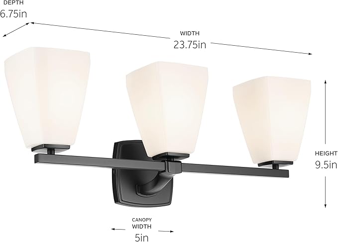 Kichler Marant 21.25" 3-Light Vanity Light with Opal Glass in Black, for Bathroom, Powder Room, Over a Mirror, (21.25" W x 9.5" H), 55216BK