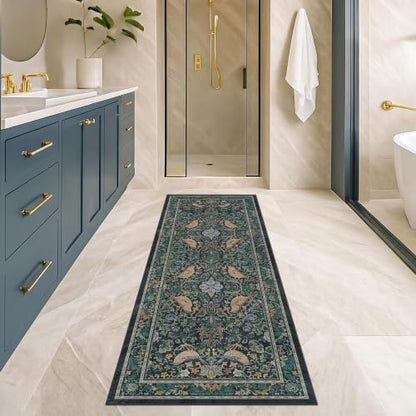 Botanical Bird 2x6 Entryway Rugs Indoor, Machine Washable Runner Rugs for Hallway, Blue and Teal Non Slip Mat for Bathroom, Bedroom Beside Bed, Kitchen, Stain Resistant Forest Green Décor