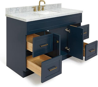 DKB Bradford 54" Midnight Blue Bathroom Vanity with Sink, 1.5" Italian Carrara Marble Countertop, Rectangular Undermount Sink, Solid Wood Frame, 2 Soft-Closing Doors, 4 Dovetail Drawers