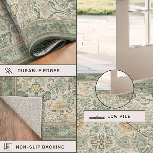 Hazo Haus Washable Living Room Rug 7x10 - Sage Floral Rugs for Bedroom, Vintage Bird Patterned Dining Room Kitchen Table Rug for Under Table, Stain Resistant Non-Slip