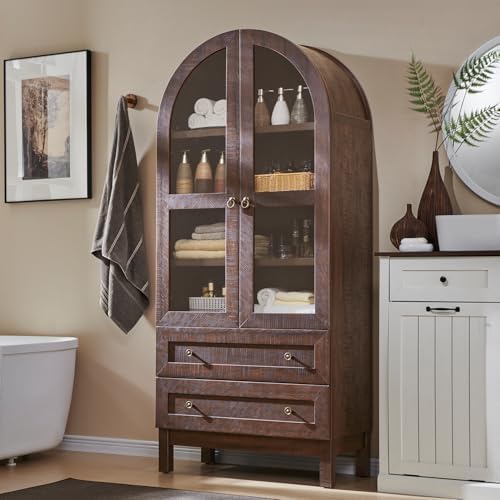 71" Tall Arched Bathroom Storage Cabinet, 4-Tier Wooden Bathroom, Brown