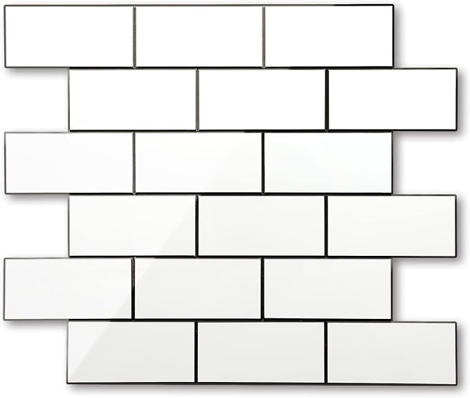 STICKGOO Peel and Stick Backsplash on Subway Tile, Polished White | 10 Sheets Aluminium Composite Self Adhesive Tiles, Faux Ceramic Look, Waterproof, Stick on Tiles for Vanities, Kitchen