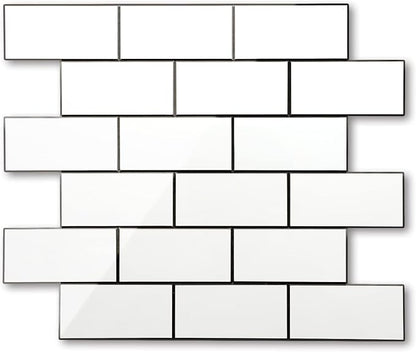 STICKGOO Peel and Stick Backsplash on Subway Tile, Polished White | 10 Sheets Aluminium Composite Self Adhesive Tiles, Faux Ceramic Look, Waterproof, Stick on Tiles for Vanities, Kitchen