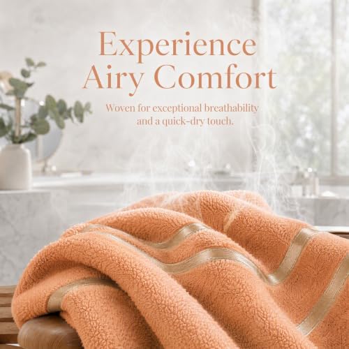 6-PCS Coral Fleece Microfiber Towel Set with Gold Stripes, Super Absorbent, Multiple Colors Available for Home, Bathroom, Hotel & Gym (6, Orange)