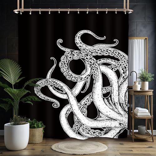 Miyotaa Black White Octopus Shower Curtain Set 60Wx71H Inches Sea Monster Kraken Man Cool Waterproof Bathroom Curtain with 12 Hooks