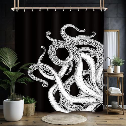Miyotaa Black White Octopus Shower Curtain Set 60Wx71H Inches Sea Monster Kraken Man Cool Waterproof Bathroom Curtain with 12 Hooks