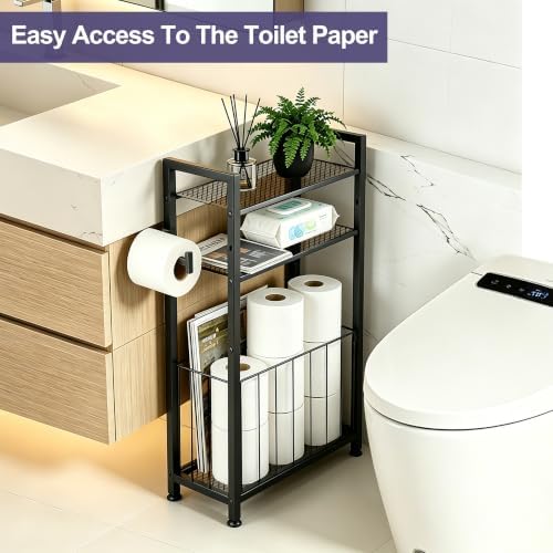 Freestanding Toilet Paper Holder with Storage, Bathroom Shelf Stand