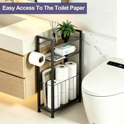 Freestanding Toilet Paper Holder with Storage, Bathroom Shelf Stand