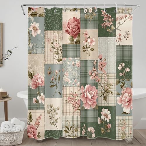 Vintage Floral Patchwork Shower Curtain for Bathroom, Pink Flower and Green Plaid Retro Shower Curtain Set Country Farmhouse Bathroom Decor Accessories with Hooks, 60W X 72L inches