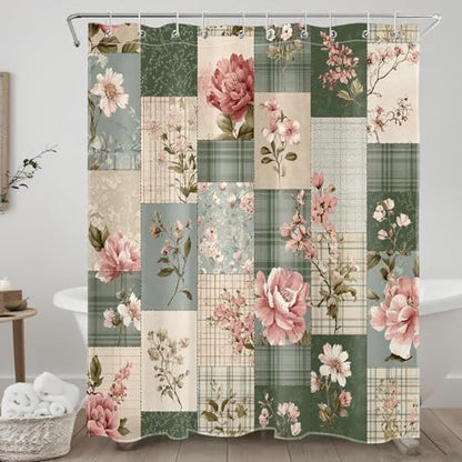 Vintage Floral Patchwork Shower Curtain for Bathroom, Pink Flower and Green Plaid Retro Shower Curtain Set Country Farmhouse Bathroom Decor Accessories with Hooks, 60W X 72L inches